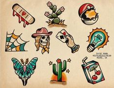 an old school tattoo flash sheet with various designs