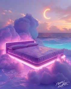 a bed sitting on top of a cloud covered ground next to the ocean under a crescent moon