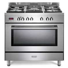 a stainless steel stove with four burners and two oven doors on the front side