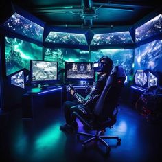 a man sitting in a chair with two monitors