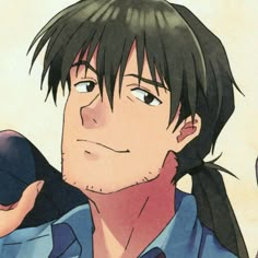 an anime character with black hair and blue shirt