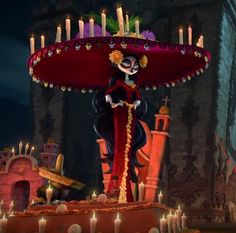 the animated character is dressed in mexican attire and holding an umbrella over her head, surrounded by candles