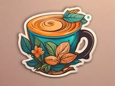 a cup of coffee with leaves on it