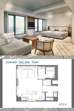 the floor plan for an apartment with two beds, couches and a kitchen in it