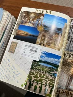 an open book with pictures on it sitting on a table next to other books and papers