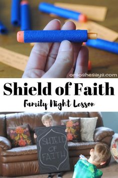 a child holding a pencil in their hand with the words shield of faith on it