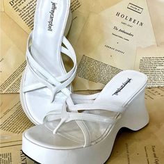 Free People Jeffrey Campbell Year 3000 Platform Wedge Thong Sandal White Wrapped Leather Wedge * Strappy Thong Sandal New Without Box * Size: 9.5 1.5" Front Platform * 3.5" Heel Please Note Line Through Inside Label Prevent Store Return Year 3000, White Platform Sandals, Jeffrey Campbell Shoes, Platform Wedge, Leather Wedges, Womens Shoes Wedges, Thong Sandals, Jeffrey Campbell, Platform Wedges