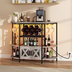 a wine rack with bottles and glasses on it in front of a wall mounted shelf