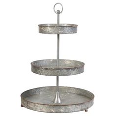 three tiered tray with metal handles on white background