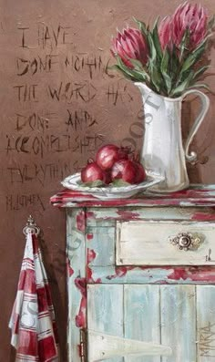 a painting of flowers and apples on a dresser