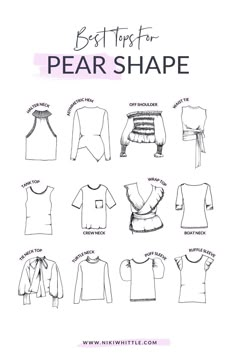 These top styles are the best tops for pear shape body types. Includes fashion tips for dressing a pear shape and pear shape outfits including summer tops for pear shapes, crop top for pear shape, tank top for pear shape, pear shaped outfits, tops for small chest and lots of flattering tops for pear shapes. See the best tops for narrow shoulders and wide hips and tips on how to dress a pear shaped body style Soft Summer Pear Shape, Style For Pear Shaped Women Outfits, Professional Outfits Women Pear Shape, Short Pear Shaped Outfits Style, Blouse For Pear Shape Body Types, Business Casual Pear Shape Work Outfits, Cardigans For Pear Shaped Women, Petit Pear Shape Outfits, Pear Shape Leggings Outfits