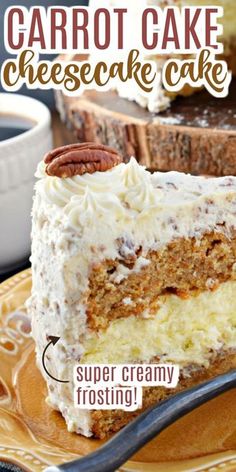 a piece of carrot cake with cream cheese frosting and pecans in the background