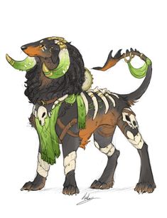 a drawing of a dog with long, black hair and green scarf on it's back