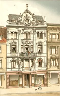 an old building with lots of windows and balconies on the top floor is shown in this drawing