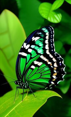 a green butterfly sitting on top of a leaf