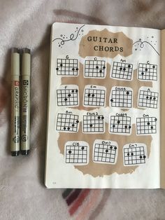 bullet journal spread Guitar Chords Aesthetic, Learning An Instrument, Guitar Journal Ideas, Guitar Notes Aesthetic, Guitar Notes For Beginners, Beginner Guitar Chords, Guitar Journal, Guitar Notes Chart, All Guitar Chords