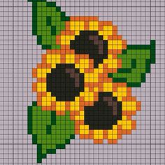 a cross stitch sunflower with green leaves on it's back and yellow petals