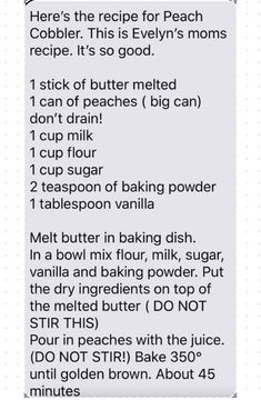 the recipe for peach cobbler is shown in this screenshote screen graber