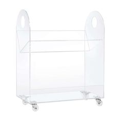 a clear plastic shelf with wheels on the front and bottom, for storing items or other things