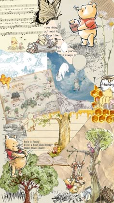 winnie the pooh collage with music notes and pictures on it, including an image of