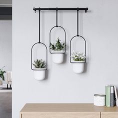 three hanging planters with plants in them on a wall next to a wooden table