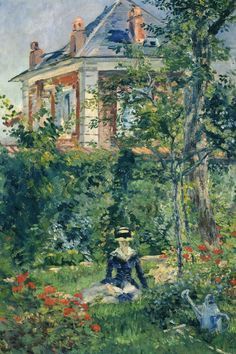 a painting of a woman sitting on the ground in front of a house with flowers