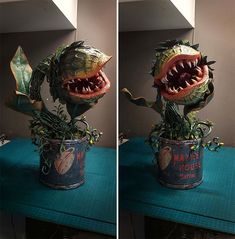 two pictures of a plant that has been made to look like a monster's mouth