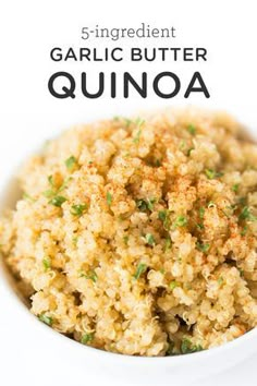 a white bowl filled with garlic butter quinoa