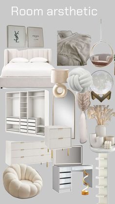 a room with white furniture and accessories in it