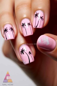 Stay pretty in pink with these charming palm tree nail designs. These vacation nails are perfect for a girly holiday nail art look. Enjoy summer nails that are both cute and stylish! Discover more at nailhow.com. Nail Palm Tree Designs, Easy Palm Tree Nail Design, Palm Leaf Nail Art, Palm Tree Toe Nail Designs, Nude Beach Nails, Nails For Vacation Beach Tropical, Palm Trees Nails, Palm Springs Nails, Hawaiian Nail Art