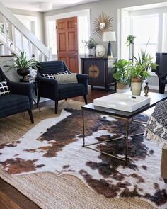 a living room filled with furniture and plants on top of a rug in front of two windows