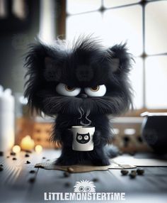 a black cat with big eyes holding a coffee cup