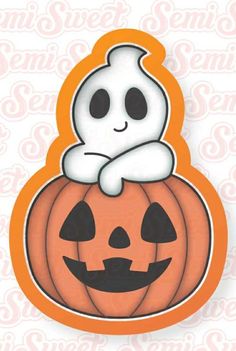 a sticker with a ghost sitting on top of a pumpkin