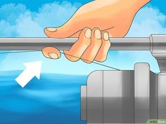 a hand is holding onto the handle of a metal railing with an arrow pointing to it