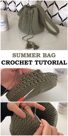 the crochet bag is being worked on by someone using scissors to make it