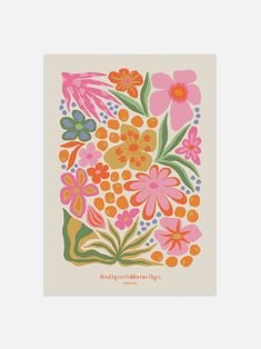 a card with an image of flowers in pink, orange and green on the front