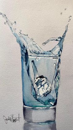 a watercolor drawing of an ice cube in a glass with water splashing on it