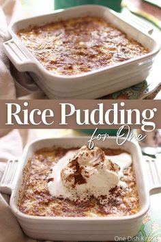 Rice pudding in a small square baking dish topped with a dollop of whipped cream and dusted with cocoa powder. Rice Pudding For One, Pudding For One, Homemade Rice Pudding, Rice Pudding Recipe, Easy Meals For Two