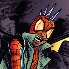 the spider - man is wearing an orange and blue suit