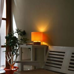 a living room with a plant and a lamp on the side of the wall next to a window