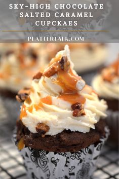 chocolate cupcakes with white frosting and caramel drizzle on top