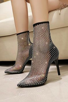 Shine bright from head to toe in our All-Mesh Diamond Boots. Covered in dazzling diamonds, these boots are the epitome of glamour and luxury. With a sleek and modern design, they make a bold statement and add a touch of opulence to any outfit. Whether you're stepping out for a special occasion or just want to make a stunning impression, these boots are your go-to choice for unapologetic extravagance and style. Knee High Sandals, Basic Heels, Rhinestone Fashion, Trending Boots, Super High Heels, Black Shoes Women, Mesh Shoes, Pointed Toe Shoes, Chic Outfit