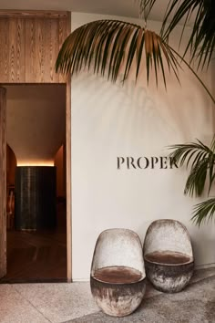 two chairs sitting in front of a palm tree next to a wall with the word proper written on it