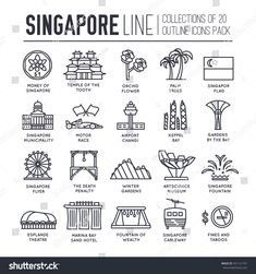 singapore line icons set in black and white, including the symbols for all kinds of attractions