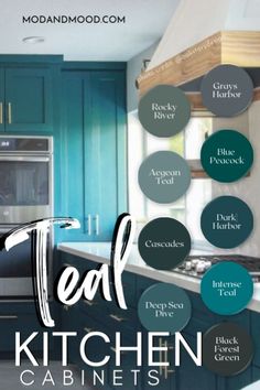 the kitchen cabinets are painted in teal and have different colors to match with them