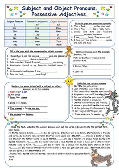 the subject and object pronouns worksheet is shown in this image