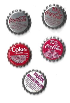 six coca - cola bottle caps are shown in four different colors