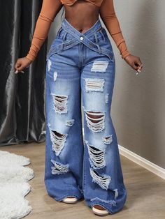 Women's Criss-Cross Waistband Ripped Wide Leg Jeans Blue Casual   Denim Plain Flare Leg Non-Stretch  Women Clothing, size features are:Bust: ,Length: ,Sleeve Length: Wide Flare Jeans Outfits, Wide Flare Jeans, Ripped Wide Leg Jeans, Street Style Outfits Casual, Shein Jeans, Cute Dress Outfits, Effortlessly Chic Outfits, Stylish Jeans, Everyday Fashion Outfits