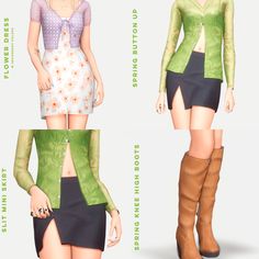 three different types of women's clothing and boots, all in various colors from green to purple