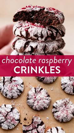 chocolate raspberry crinkles are stacked on top of each other with the words, chocolate raspberry crinkles